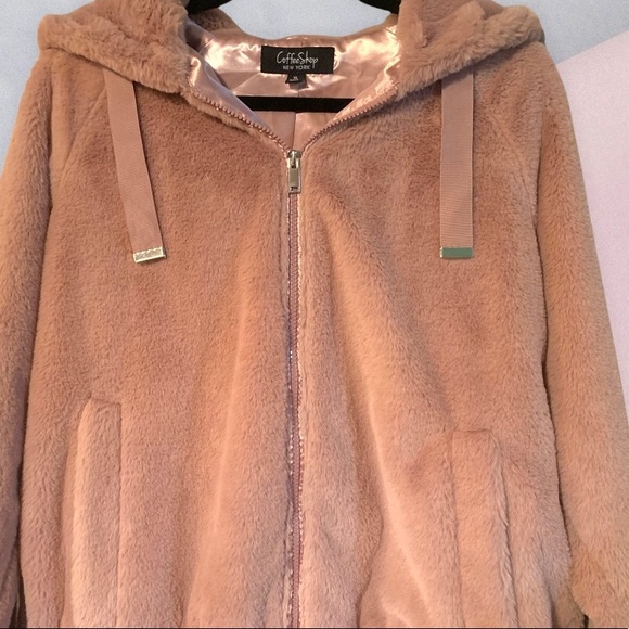 COFEE SHOP New York Pink Soft Feux Fur Silk Interior Hooded Dress Jacket Size XL - Picture 5 of 11